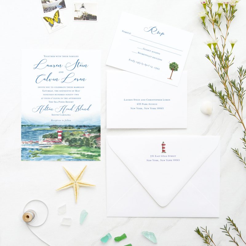 Watercolor The Sea Pines Resort beach wedding invitation set, palmetto tree, and lighthouse artwork by artist Michelle Mospens. Perfect for your Hilton Head Island wedding. Mospens Studio