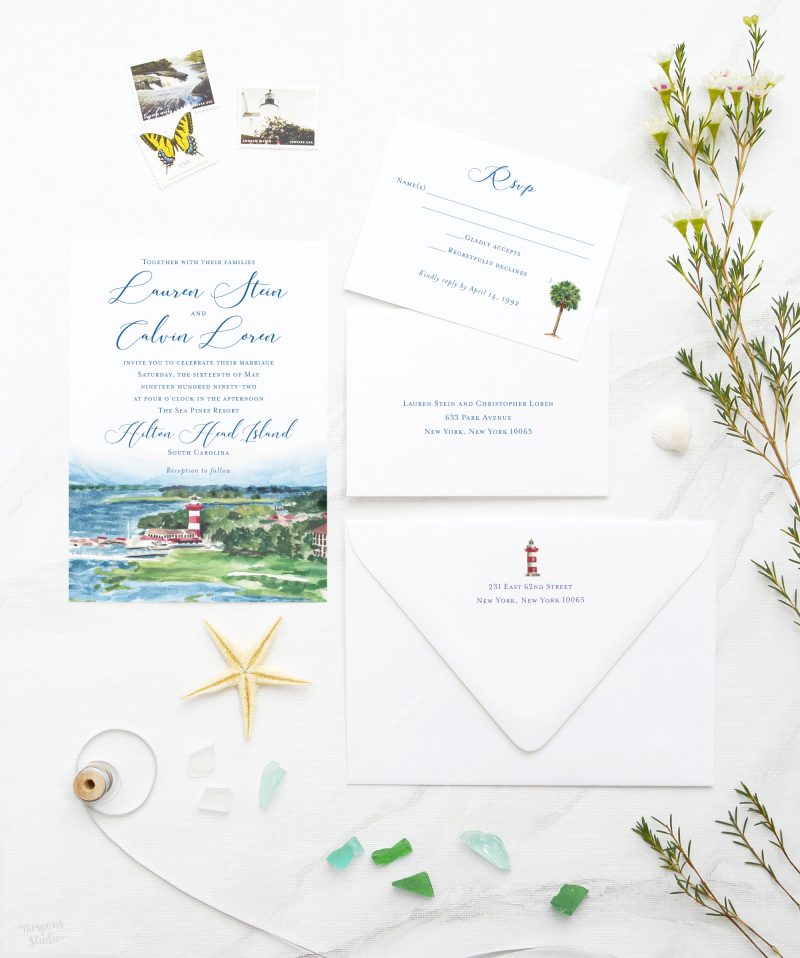 Watercolor The Sea Pines Resort beach wedding invitation set, palmetto tree, and lighthouse artwork by artist Michelle Mospens. Perfect for your Hilton Head Island wedding. Mospens Studio