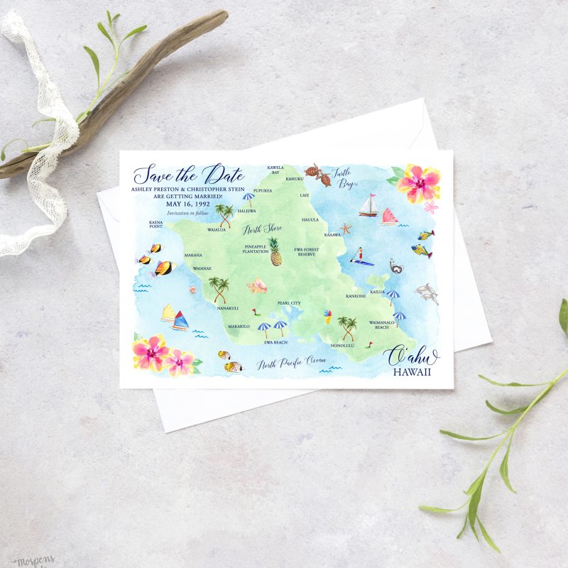 Watercolor Oahu Hawaii Map save the date card by Michelle Mospens.