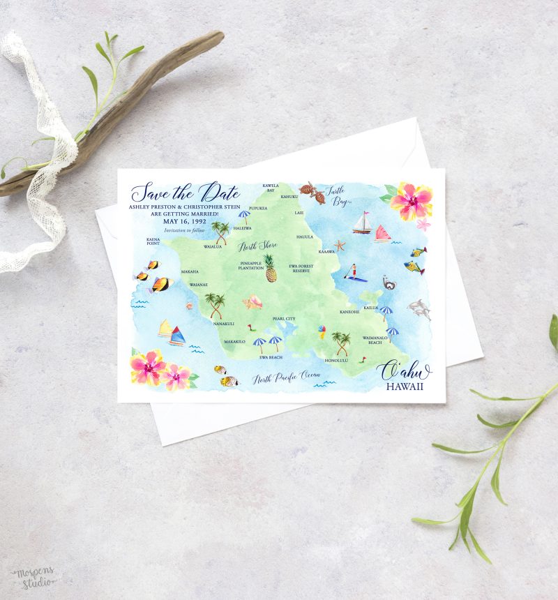 Watercolor Oahu Hawaii Map save the date card by Michelle Mospens.