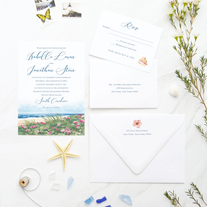 Watercolor beach wedding invitation with ocean artwork by artist Michelle Mospens. Mospens Studio