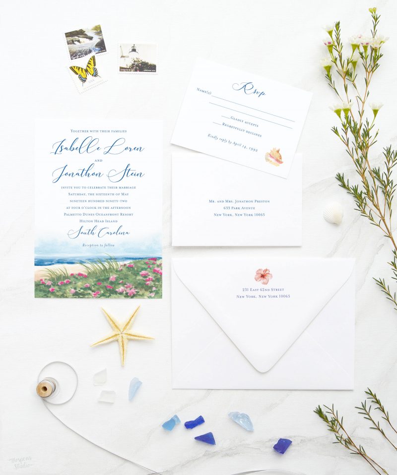 Watercolor beach wedding invitation with ocean artwork by artist Michelle Mospens. Mospens Studio