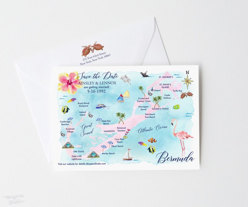 Destination Bermuda! Watercolor save the date map of Bermuda. Perfect for your destination wedding. Mospens Studio