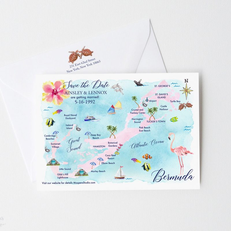 Destination Bermuda! Watercolor save the date map of Bermuda. Perfect for your destination wedding. Mospens Studio