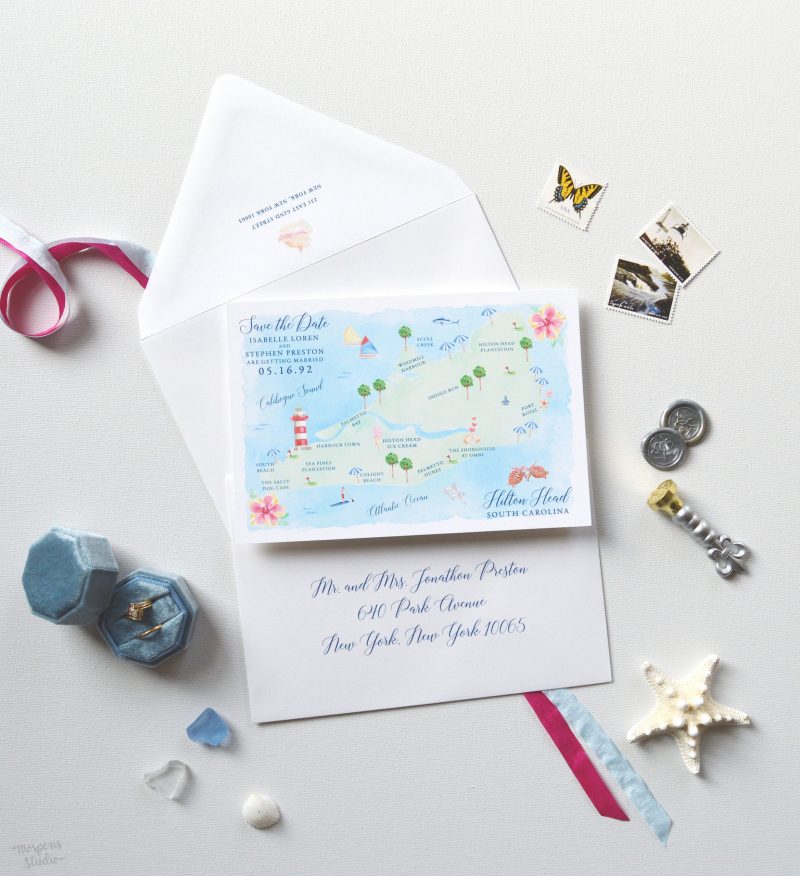 Watercolor Hilton Head Island, South Carolina save the date map cards by artist Michelle Mospens. | Mospens Studio