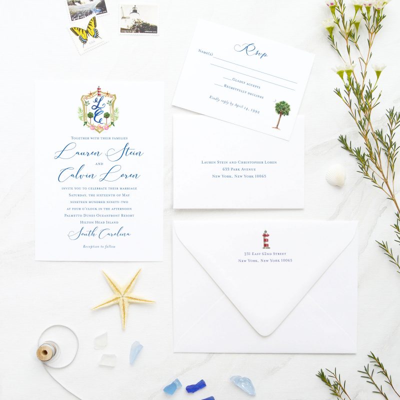 Watercolor beach wedding invitation set with crest, palmetto tree, and lighthouse artwork by artist Michelle Mospens. Perfect for your Hilton Head Island wedding. Mospens Studio
