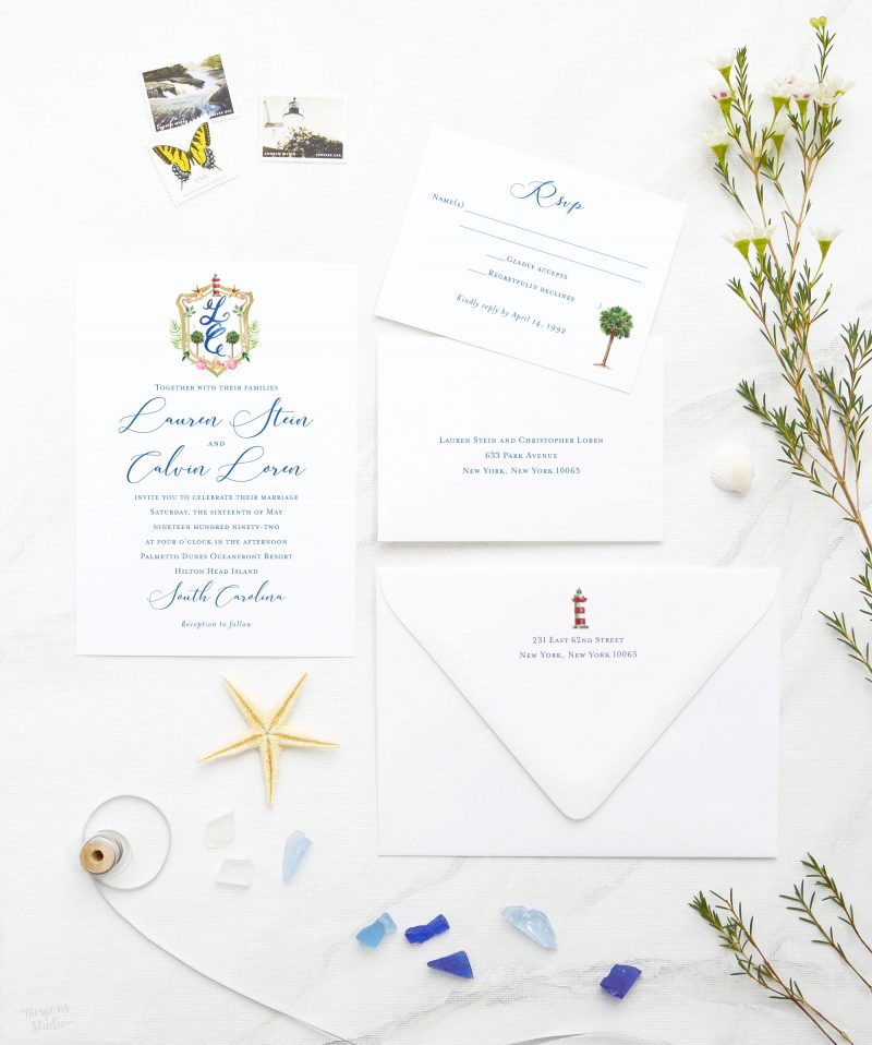 Watercolor beach wedding invitation set with crest, palmetto tree, and lighthouse artwork by artist Michelle Mospens. Perfect for your Hilton Head Island wedding. Mospens Studio