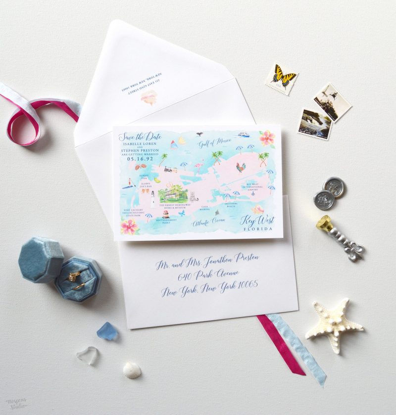 Fun Key West, Florida map save the date cards by artist Michelle Mospens. Mospens Studio