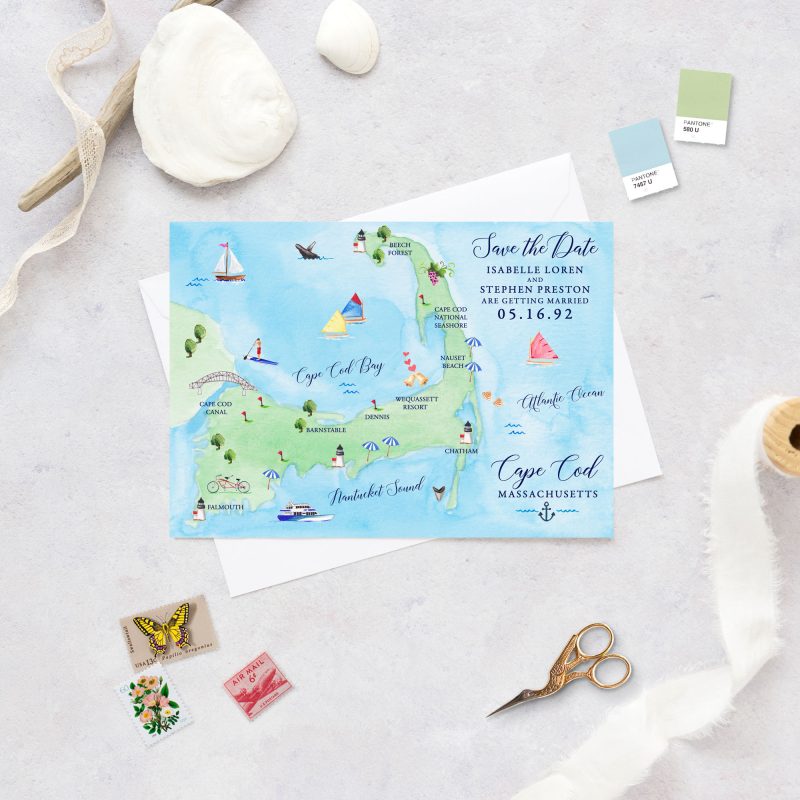 Cape Cod Massachusetts save the date map by artist Michelle Mospens. | Mospens Studio