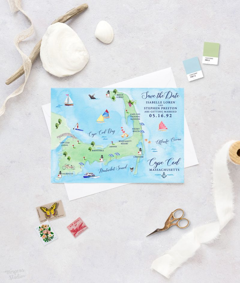 Cape Cod Massachusetts save the date map by artist Michelle Mospens. | Mospens Studio