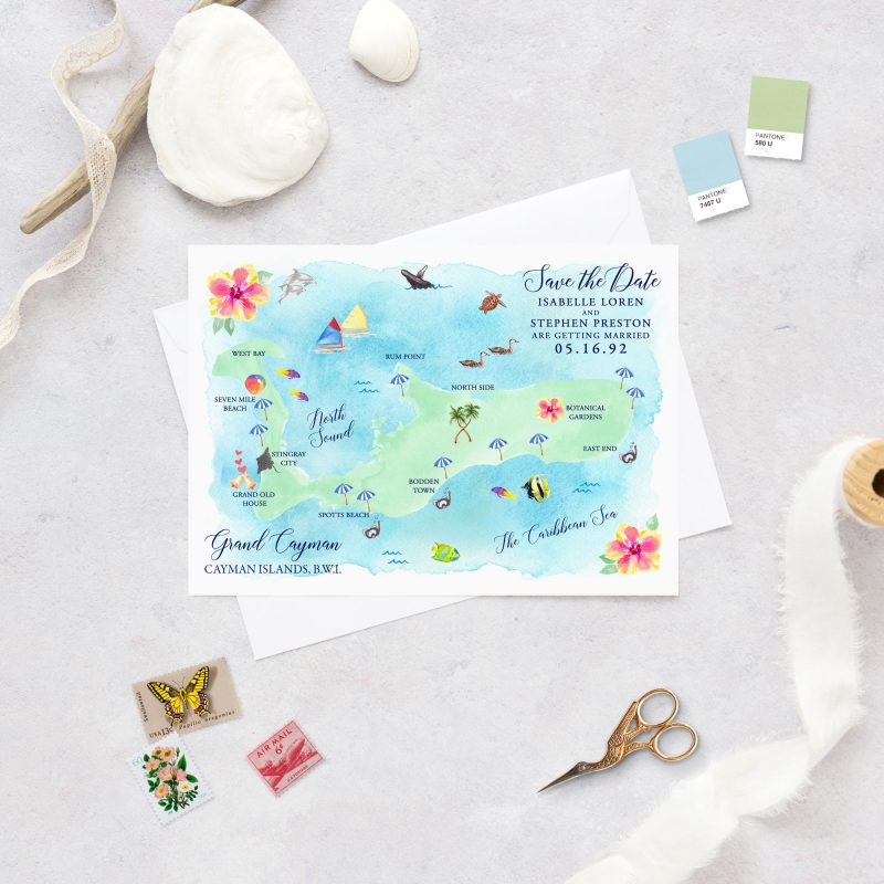 Grand Cayman, The Cayman Islands wedding map save the date cards by artist Michelle Mospens. - MospensStudio.com