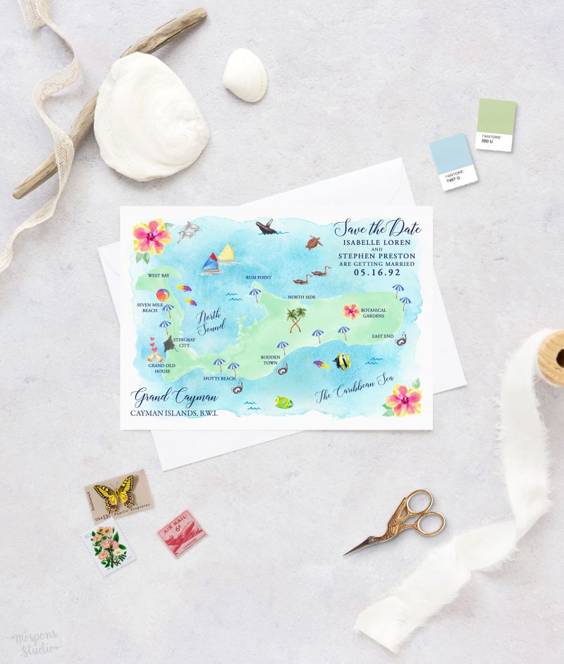 Grand Cayman, The Cayman Islands wedding map save the date cards by artist Michelle Mospens. - MospensStudio.com