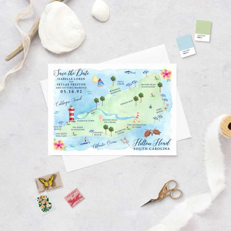 Watercolor Hilton Head Island, South Carolina save the date map cards by artist Michelle Mospens. | Mospens Studio