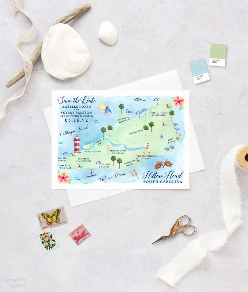 Watercolor Hilton Head Island, South Carolina save the date map cards by artist Michelle Mospens. | Mospens Studio