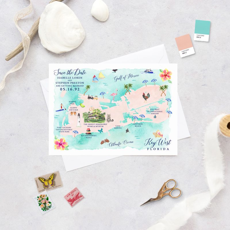 Fun Key West, Florida map save the date cards by artist Michelle Mospens. Mospens Studio