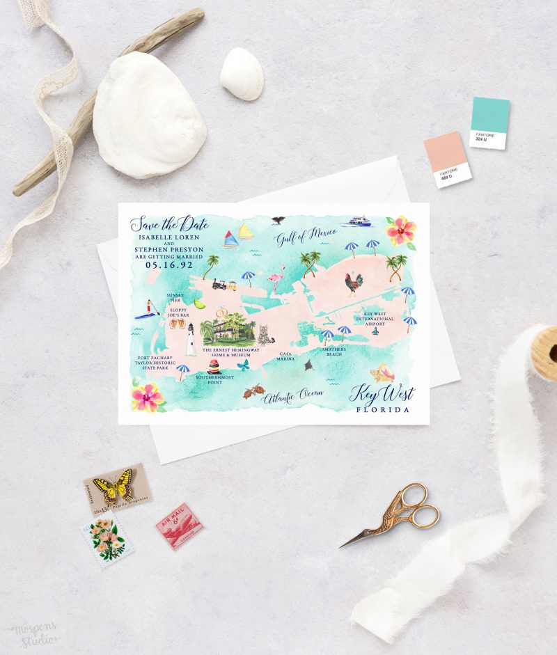 Fun Key West, Florida map save the date cards by artist Michelle Mospens. Mospens Studio