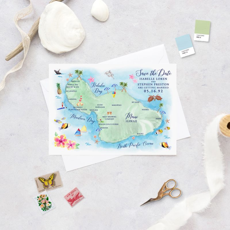 Maui Hawaii save the date map by artist Michelle Mospens. | Mospens Studio