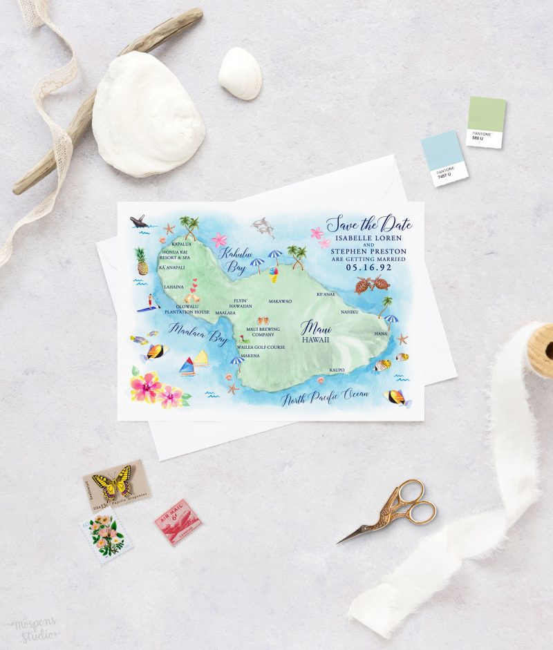 Maui Hawaii save the date map by artist Michelle Mospens. | Mospens Studio