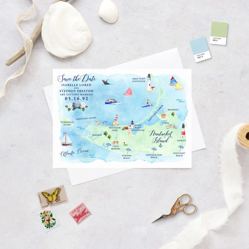 Fun & creative illustrated watercolor Nantucket, Massachusetts map save the date cards by artist Michelle Mospens. - Mospens Studio