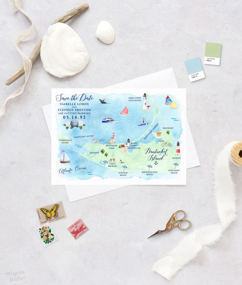 Fun & creative illustrated watercolor Nantucket, Massachusetts map save the date cards by artist Michelle Mospens. - Mospens Studio