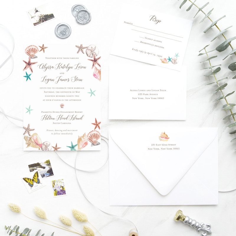 Watercolor beach wedding stationery with original seashells artwork by artist Michelle Mospens. Mospens Studio