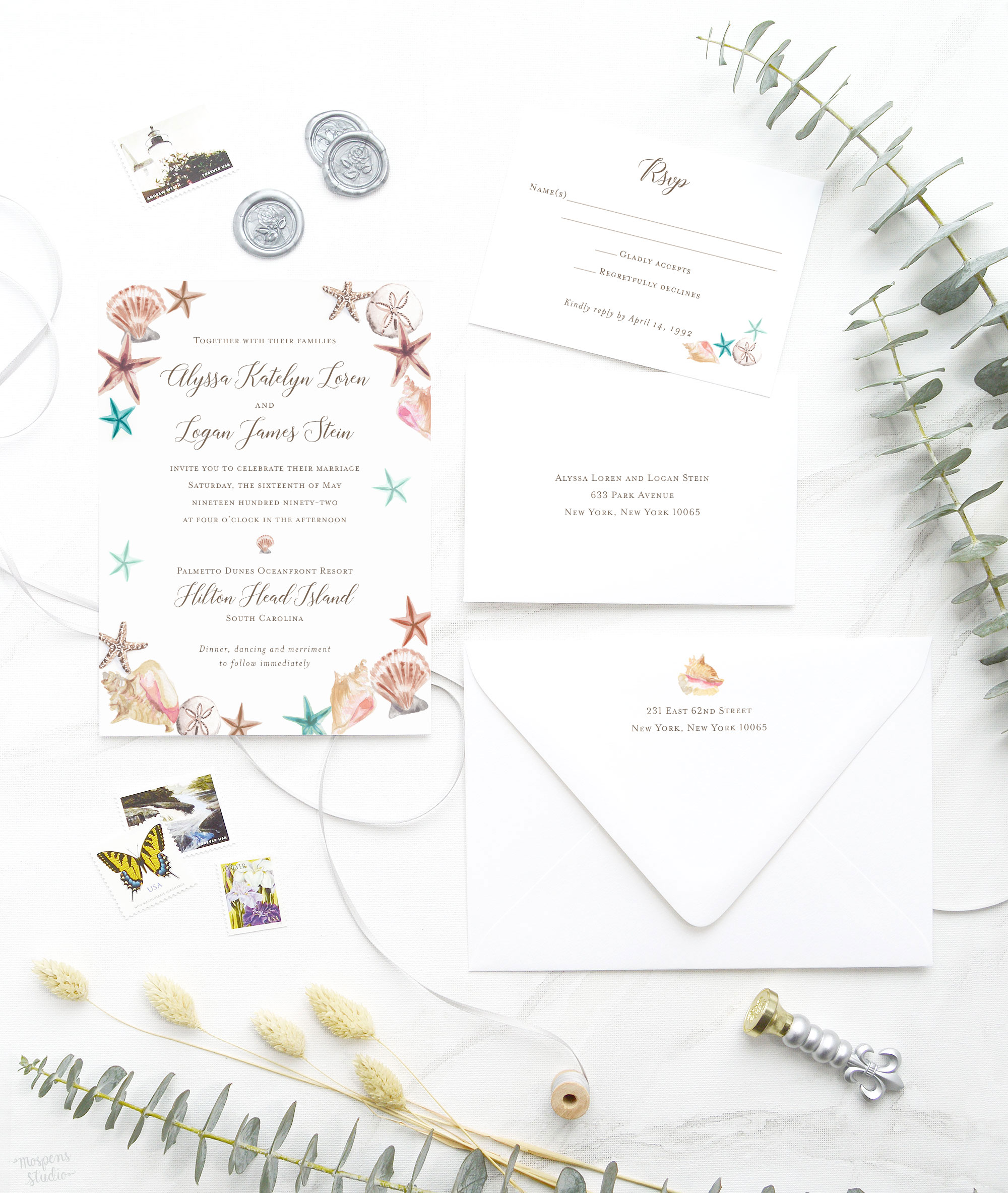 Watercolor beach wedding stationery with original seashells artwork by artist Michelle Mospens. Mospens Studio