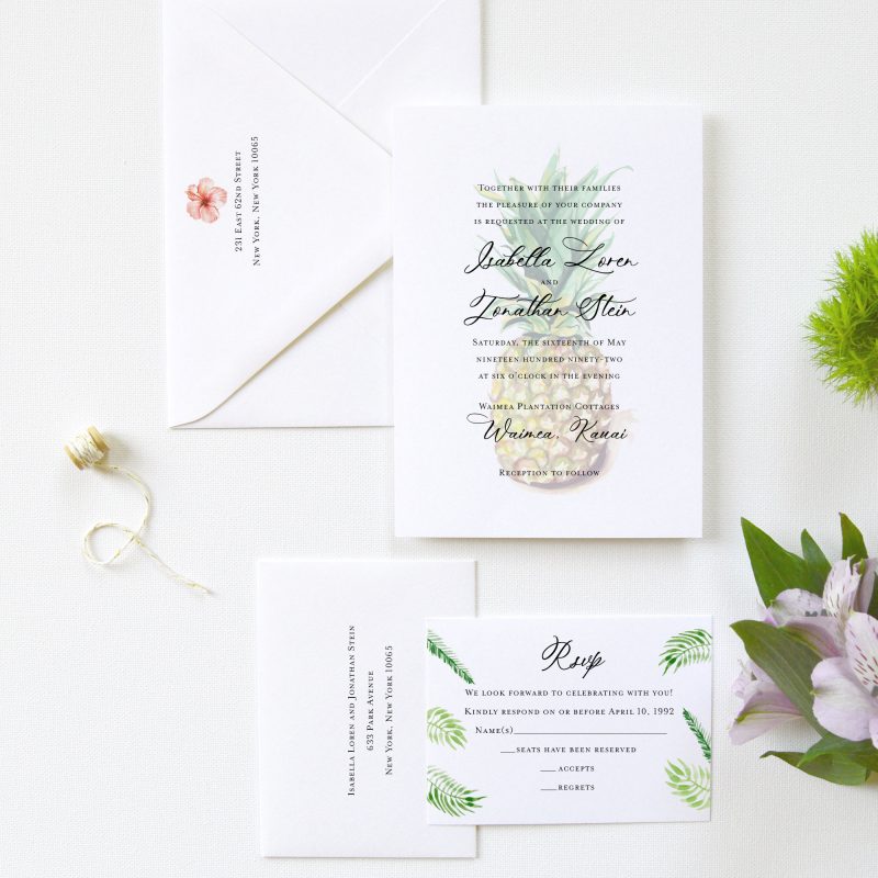 Watercolor tropical pineapple wedding invitation suite. Perfect for a Hawaiian or tropical beach wedding. - Mospens Studio