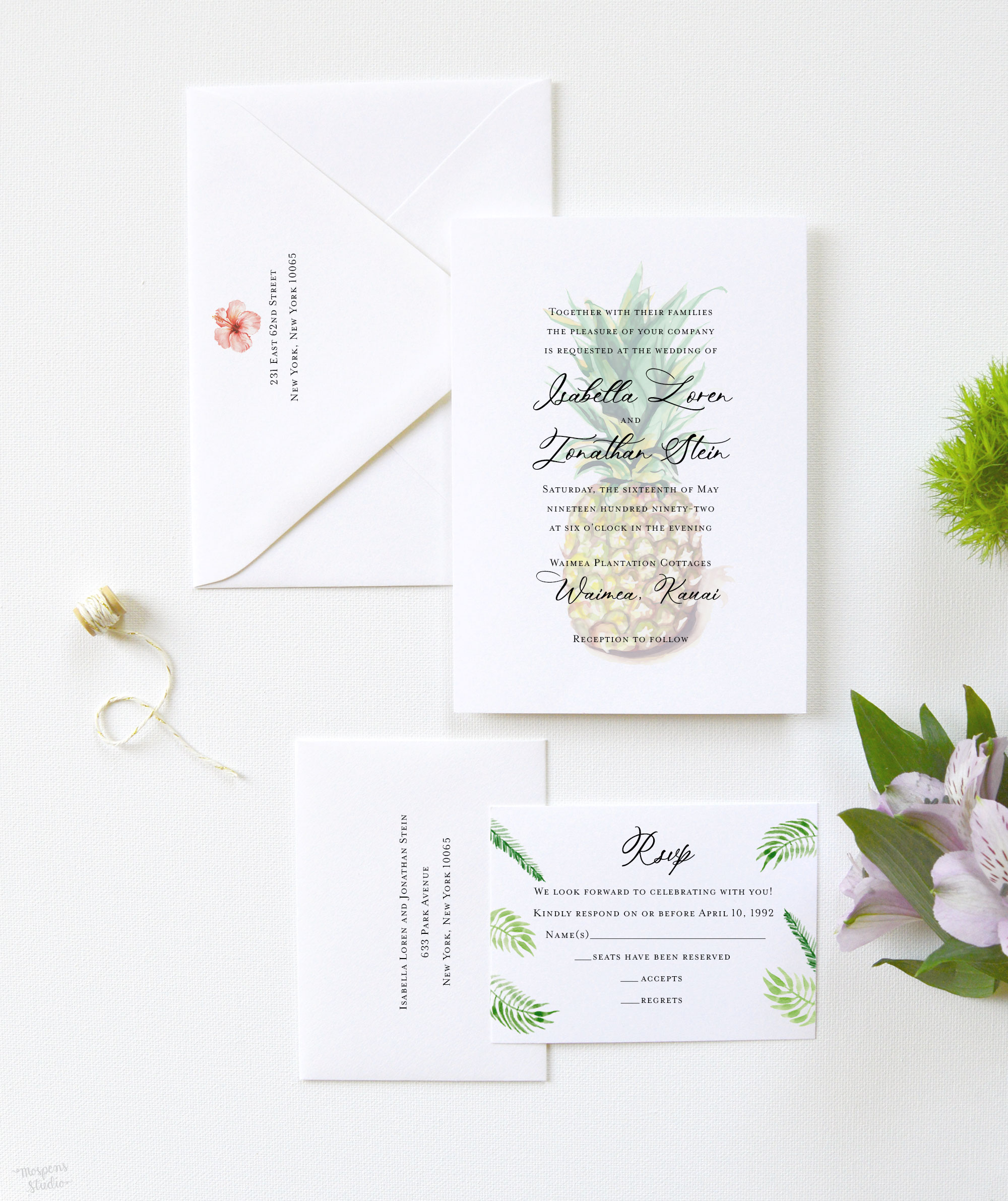 Watercolor tropical pineapple wedding invitation suite. Perfect for a Hawaiian or tropical beach wedding. - Mospens Studio
