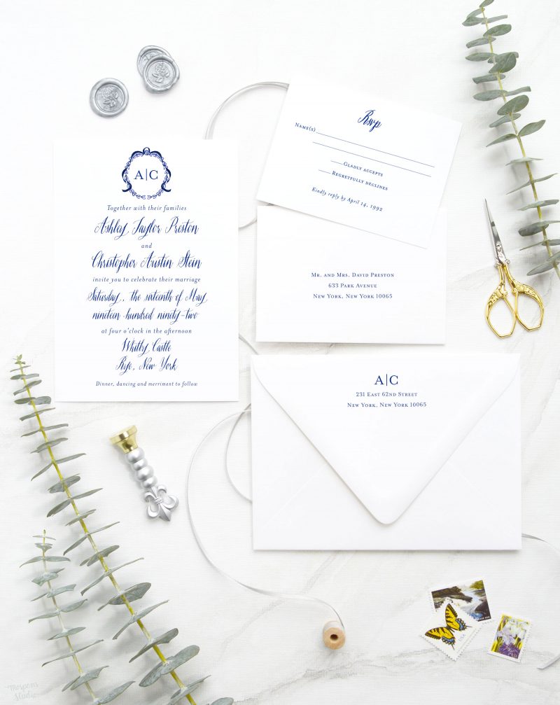Enchanted Monogram hand-drawn and calligraphy-inspired wedding invitations are perfect for your elegant and formal wedding. Mospens Studio