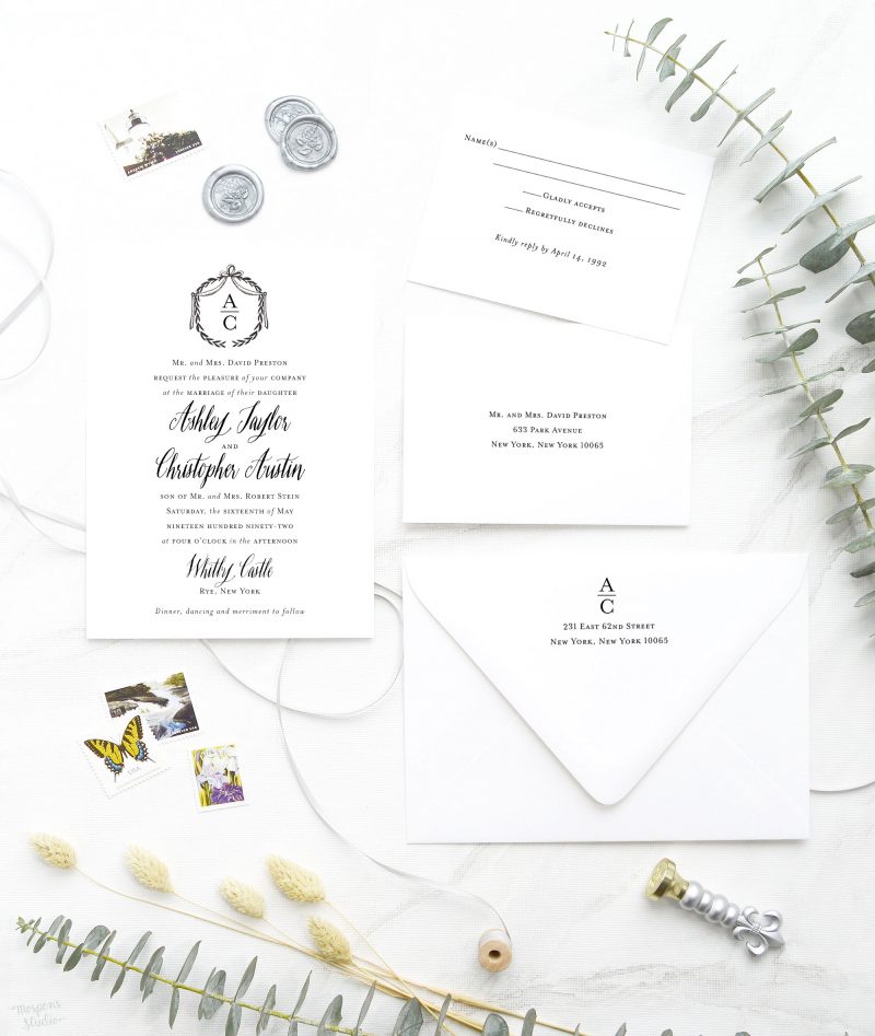 Exquisite hand-drawn monogram and calligraphy-inspired wedding invitations are perfect for your elegant and formal wedding. Mospens Studio
