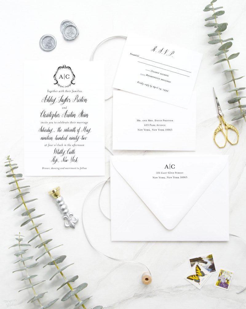 French Laurel hand-drawn monogram and calligraphy-inspired wedding invitations are perfect for your elegant and formal wedding. Mospens Studio