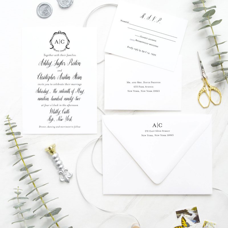French Laurel hand-drawn monogram and calligraphy-inspired wedding invitations are perfect for your elegant and formal wedding. Mospens Studio