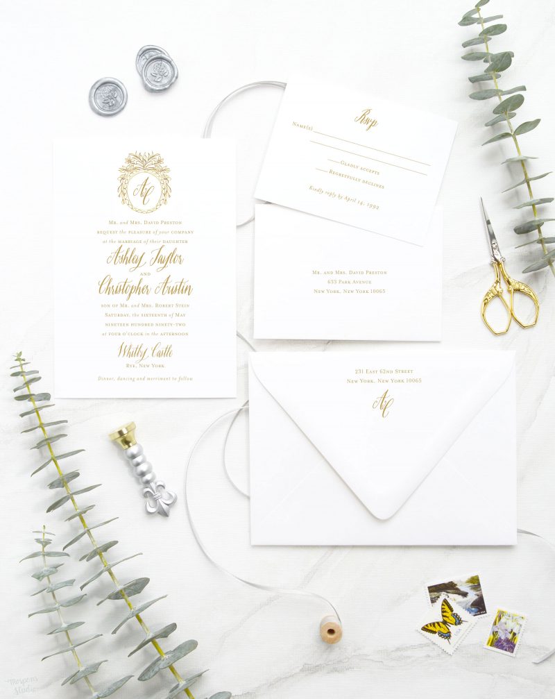 Gilded Stylized Vintage hand-drawn monogram and calligraphy-inspired wedding invitations are perfect for your elegant and formal wedding. Mospens Studio