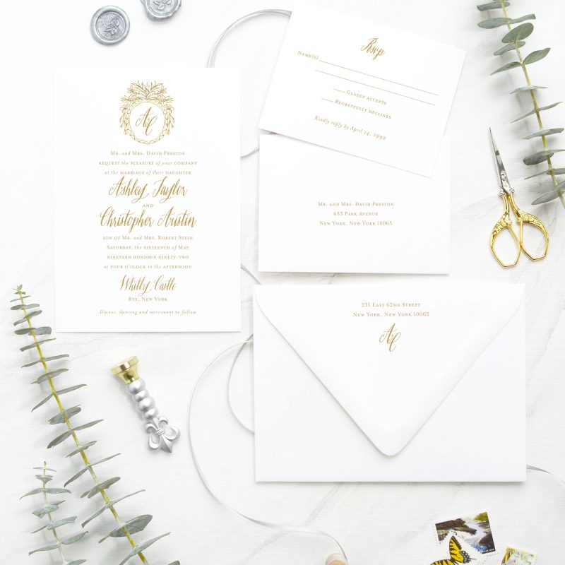 Gilded Stylized Vintage hand-drawn monogram and calligraphy-inspired wedding invitations are perfect for your elegant and formal wedding. Mospens Studio