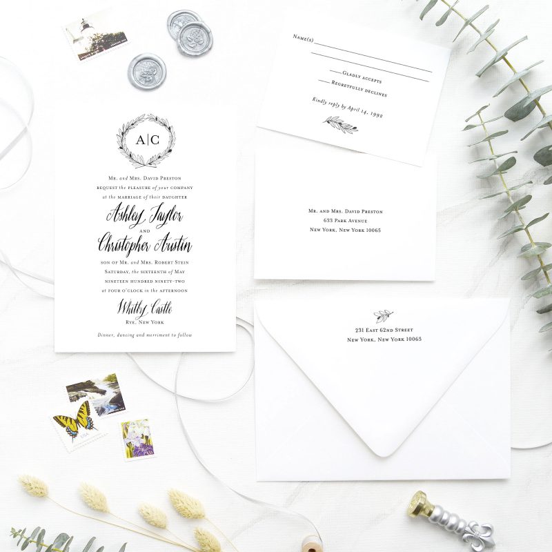 Olive Branch hand-drawn monogram and calligraphy-inspired wedding invitations are perfect for your elegant and formal wedding. Mospens Studio