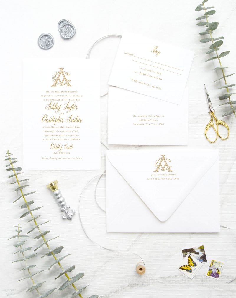 Polished Vintage monogram and calligraphy-inspired wedding invitations are hand-drawn and perfect for your elegant and formal wedding. Mospens Studio