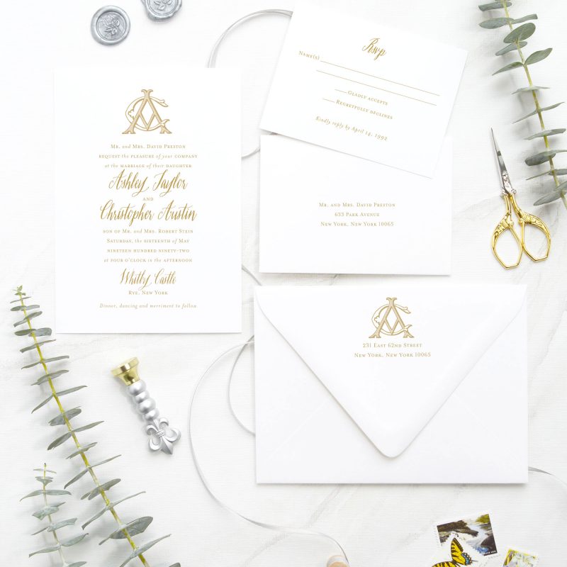 Polished Vintage monogram and calligraphy-inspired wedding invitations are hand-drawn and perfect for your elegant and formal wedding. Mospens Studio