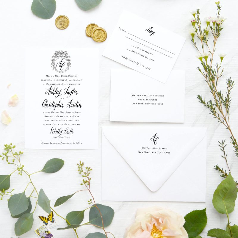 Stylized Vintage hand-drawn monogram and calligraphy-inspired wedding invitations are perfect for your elegant and formal wedding. Mospens Studio