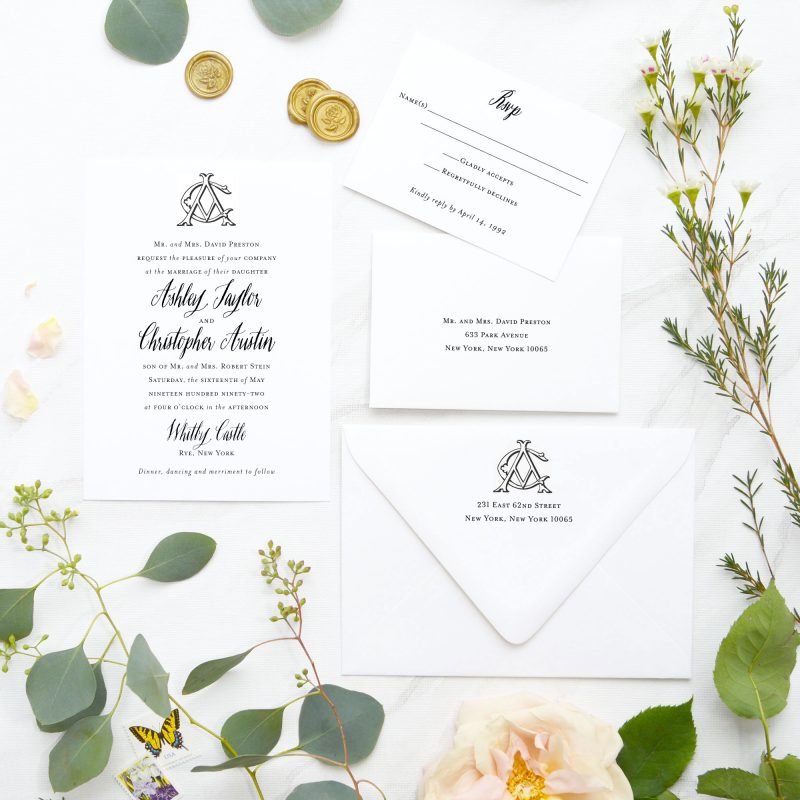 Vintage Chic hand-drawn monogram and calligraphy-inspired wedding invitations are perfect for your elegant and formal wedding. Mospens Studio