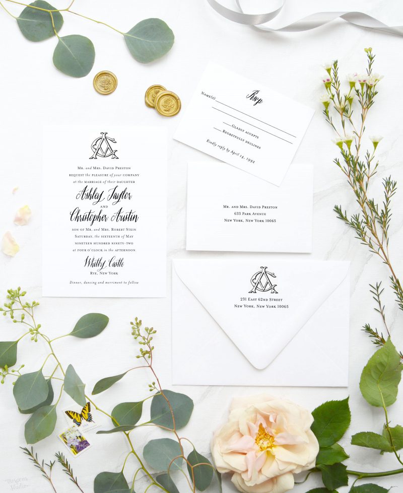 Vintage Chic hand-drawn monogram and calligraphy-inspired wedding invitations are perfect for your elegant and formal wedding. Mospens Studio