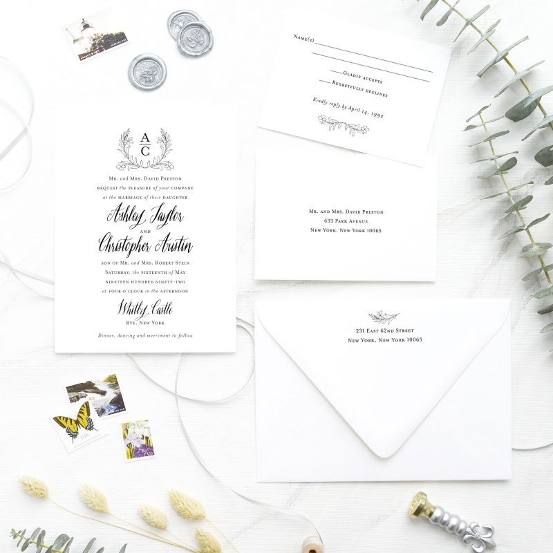 Monogram lovers, rejoice! This stunning elegant wedding stationery suite features hand-drawn wreath in ink, accented with flowers, leaves, and inky strokes. Vintage Wildflowers inviting wedding invitation is exquisite with calligraphic touches. Perfect for a memorable formal wedding and reception.