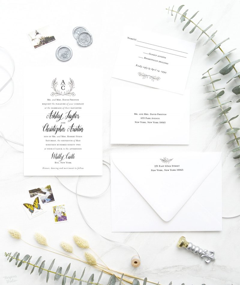Monogram lovers, rejoice! This stunning elegant wedding stationery suite features hand-drawn wreath in ink, accented with flowers, leaves, and inky strokes. Vintage Wildflowers inviting wedding invitation is exquisite with calligraphic touches. Perfect for a memorable formal wedding and reception.