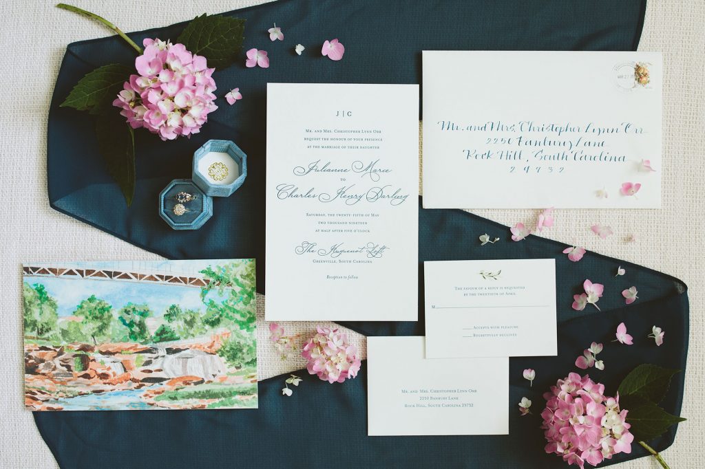 Custom hand-painted watercolor and letterpress wedding invitations. Mospens Studio