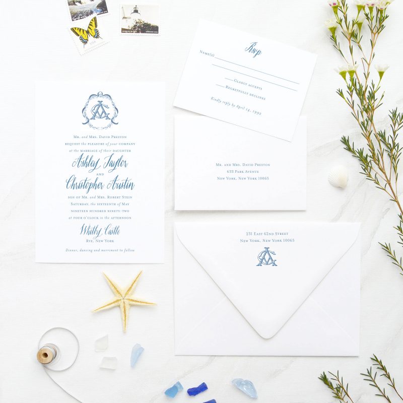 Stately Vintage hand-drawn monogram and calligraphy-inspired wedding invitations are perfect for your elegant and formal wedding. Mospens Studio