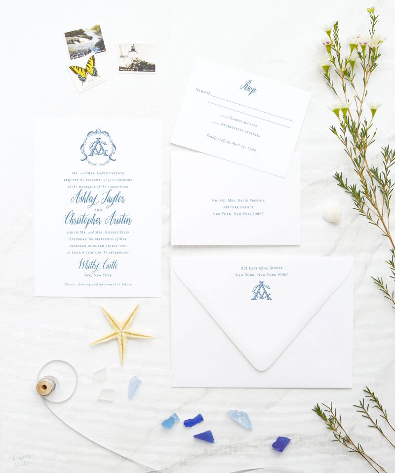 Stately Vintage hand-drawn monogram and calligraphy-inspired wedding invitations are perfect for your elegant and formal wedding. Mospens Studio