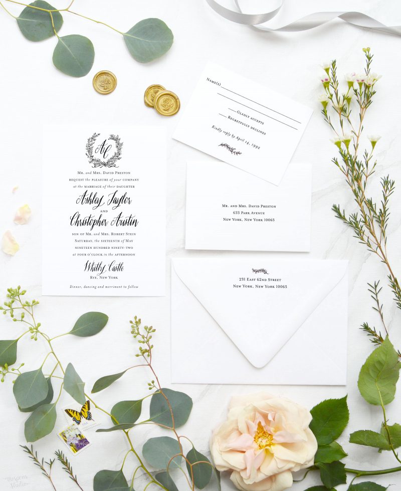 This elegant wedding invitation suite features hand-drawn greenery wreath in ink, accented with leaves, ribbon, and inky strokes. Sketched Greenery Wreath inviting wedding invites are exquisite with delicate crest and calligraphic touches. Perfect for a memorable formal wedding and reception.