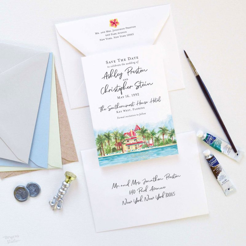 Southernmost House Key West Florida venue sketch save the date in watercolor. Mospens Studio