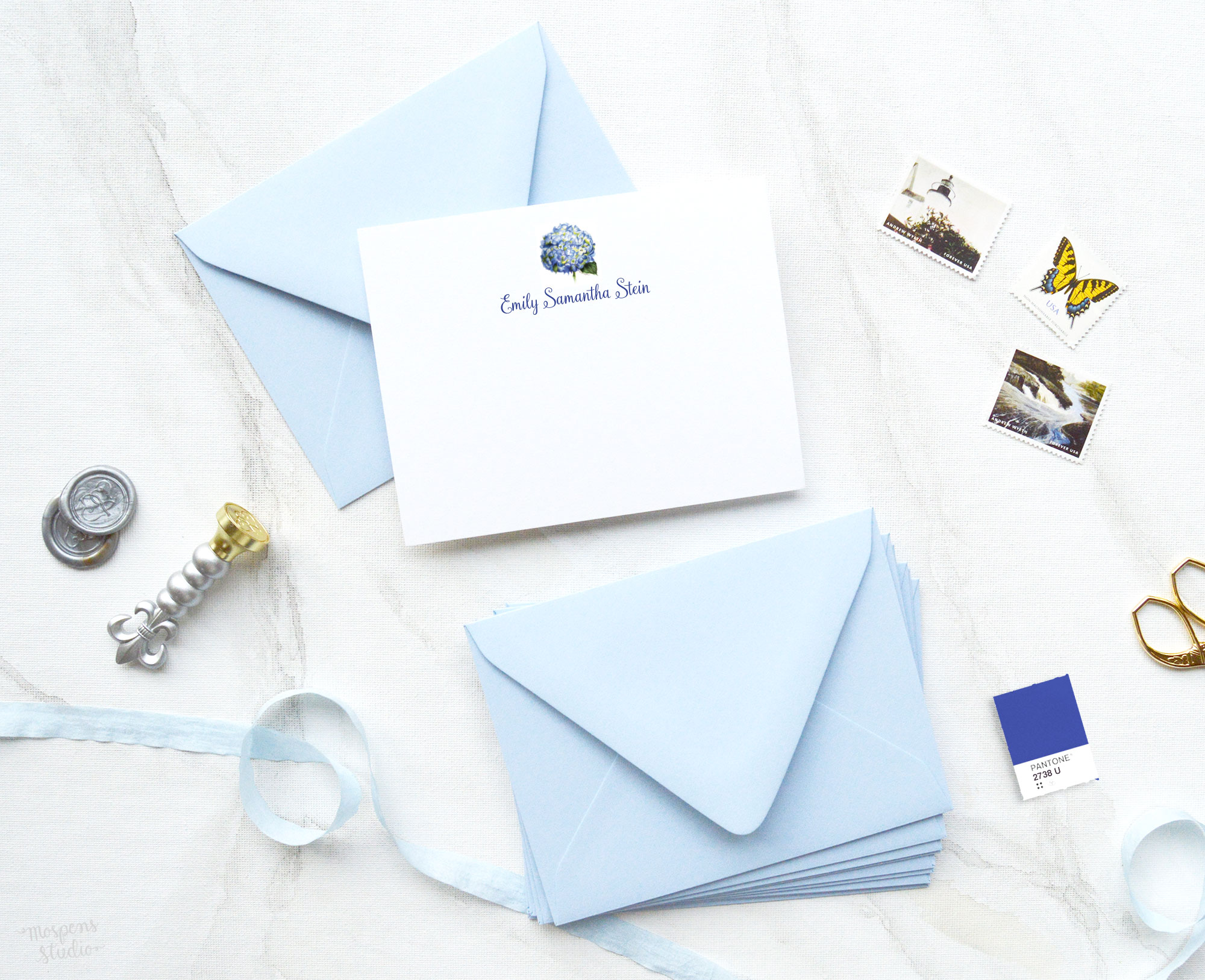 Personalized Note Cards Set of 10 Blue Hydrangeas in a Mason Jar 
