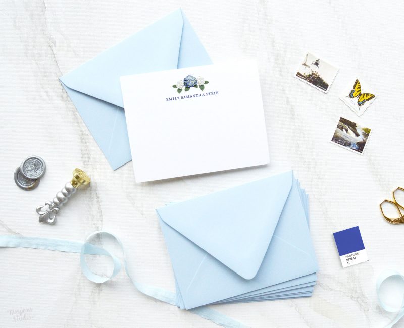Watercolor blue hydrangea floral bouquet personalized note cards by artist Michelle Mospens. | Mospens Studio