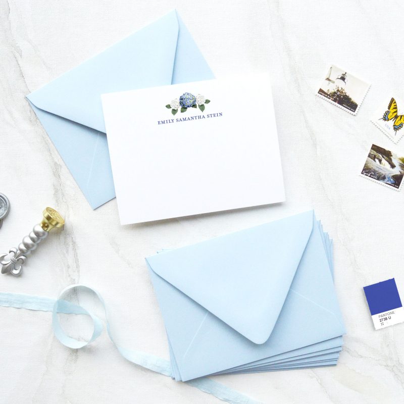 Watercolor blue hydrangea floral bouquet personalized note cards by artist Michelle Mospens. | Mospens Studio